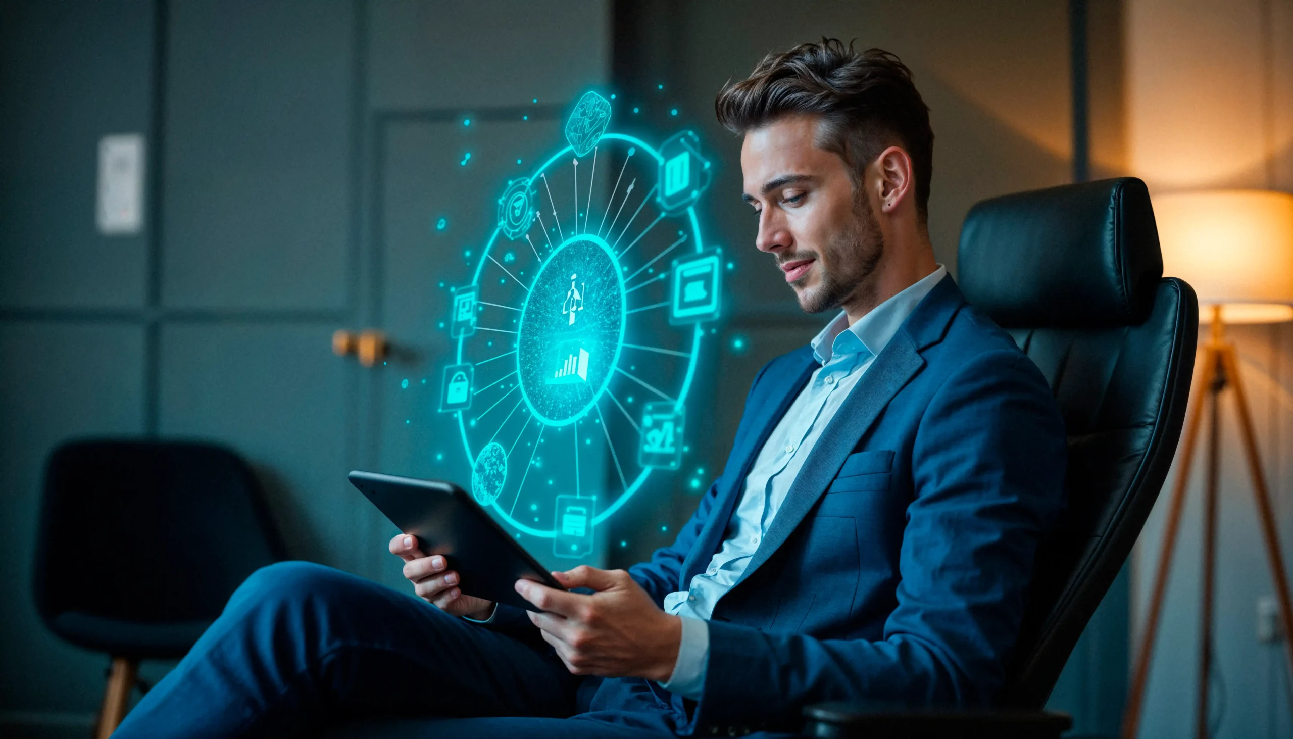 businessman using tablet with digital data interface