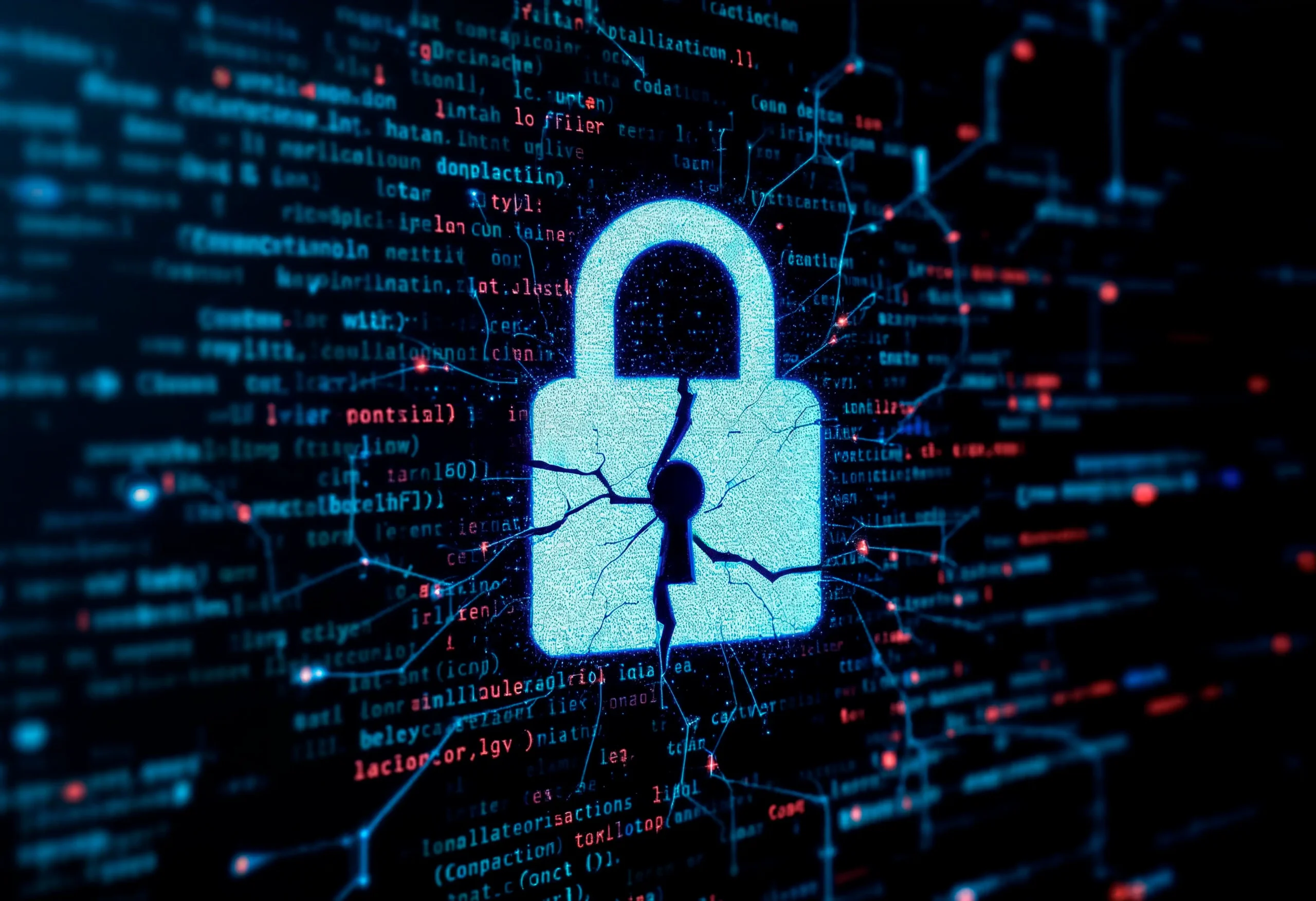 cracked lock with binary code cybersecurity threat